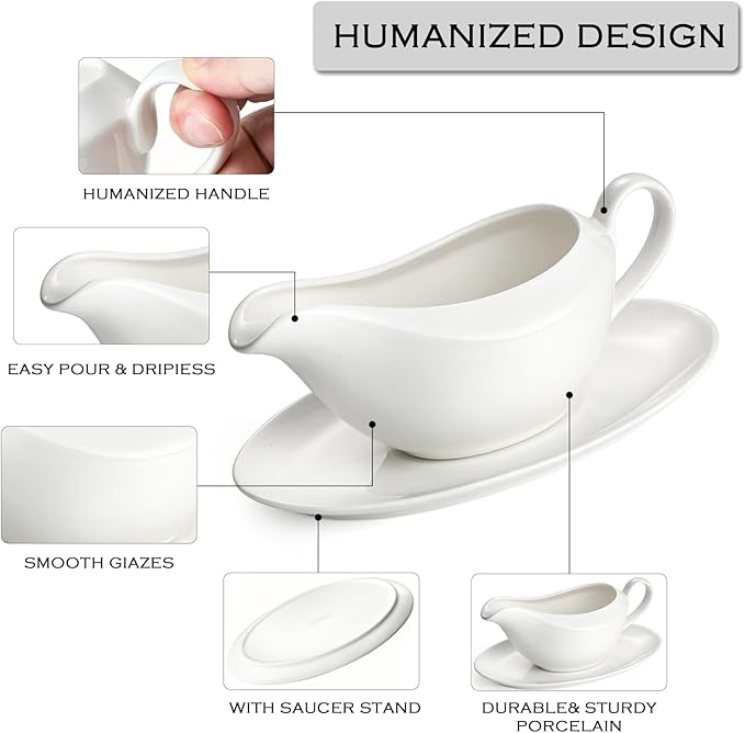 Gravy Boat with Saucer, 14oz Ceramic Gravy Bowl Sauce Boat with Tray for Broth, Salad Dressings, Cream, Milk and Black Pepper (white, Large)