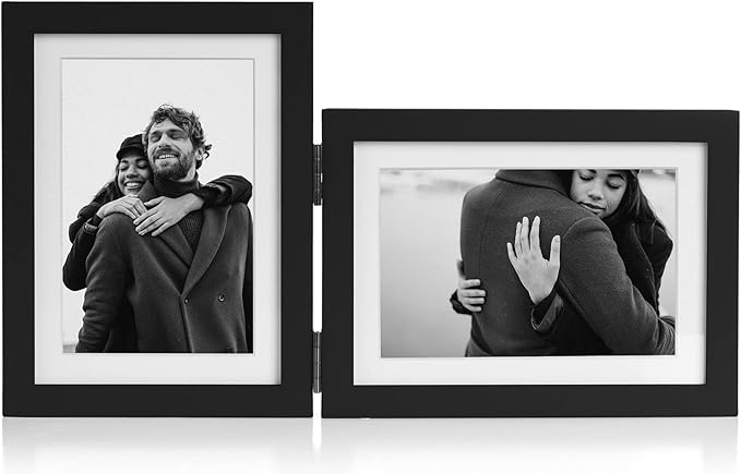 5X7 Double Wooden Hinged Picture Frame Vertical and Horizontal in Black, Display 4x6 with Mat or 5x7 without Mat, Folding Photo Frame with Real Glass Front for Tabletop P-HEI-SH57