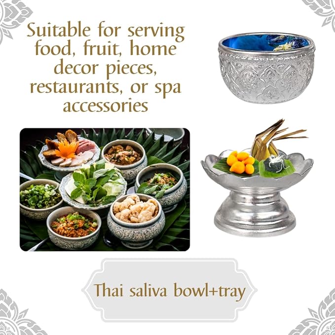 Thai Buddhism Bowl & Tray with Embossed Patterns, Silver Aluminum, Vintage Collection (8 CM)