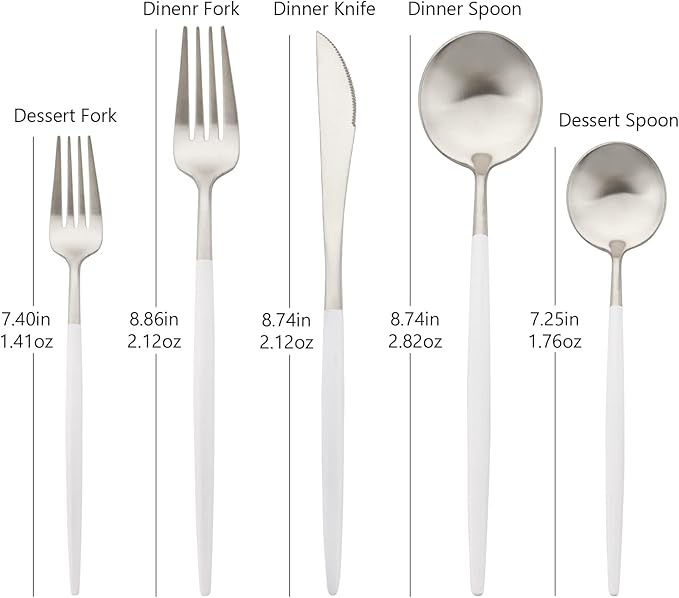 Flatware Set 18/10 Stainless Steel Matte White Handle Silver - Kitchen Utensil Serving Set of Dinner Fork Knife Spoons Salad Fork Dessert Spoon,20 Piece, Service for 4 (White + Silver)
