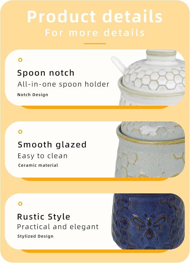 GDCZ Ceramic Sugar Bowl with Lid and Spoon, Honey Containers for Storing Syrup, Farmhouse Kitchen Decor, 10 Oz (Grey)