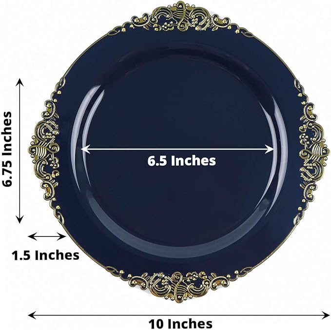 10" Dinner Plates -Set of 20 - Plastic Navy Blue Round Baroque Disposable Chargers Leaf Embossed Rim, Ideal for Dinner Party Wedding Bulk Events