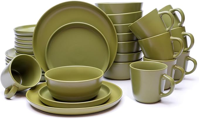 MÜLLERHEIM 903 Minimalist Collection 32-Piece Contemporary Ceramic Stoneware Dinnerware Sets for 8, Greek Olive Plates and Bowls sets, Dinner Plates Set, Salad Dish Set, Bowls, Cup