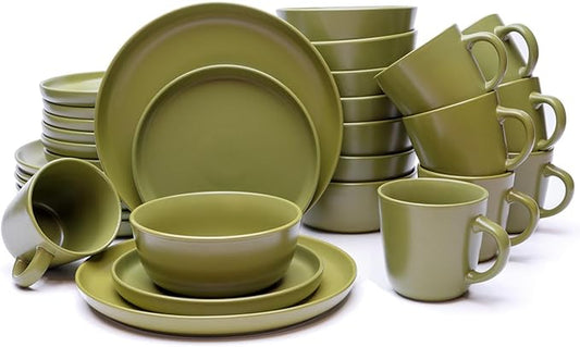 MÜLLERHEIM 903 Minimalist Collection 32-Piece Contemporary Ceramic Stoneware Dinnerware Sets for 8, Greek Olive Plates and Bowls sets, Dinner Plates Set, Salad Dish Set, Bowls, Cup