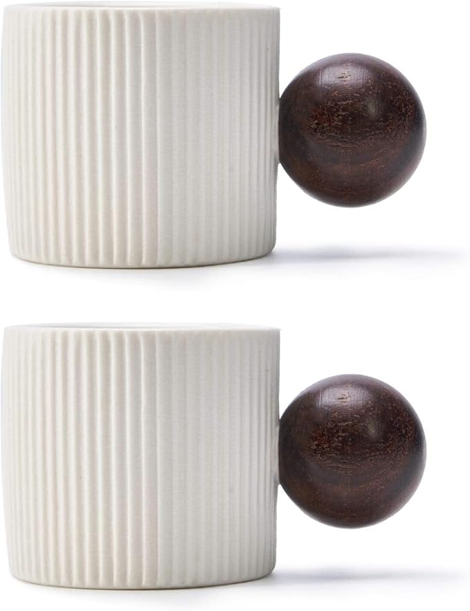 CLASGLAZ Ceramic Mini Espresso Cups Demitasse Cups with Round Wooden Handle Vertical Stripes Tea Cups (white, 2pcs)