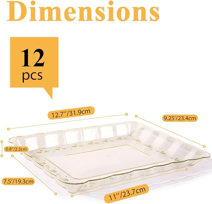 BESTVIP Clear Gold Glitter Serving Trays - 12 Pack 9x13 Rectangle Flower - Cookie Platters for Weddings, Events, Daily Glam, Dessert Displays & Crafting