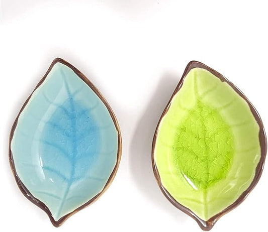 2PCS Multi-purpose Ceramic Leaf Shape Condiment Dishes Saucers Dipping Bowls Appetizer Plate for Seasoning and Snack