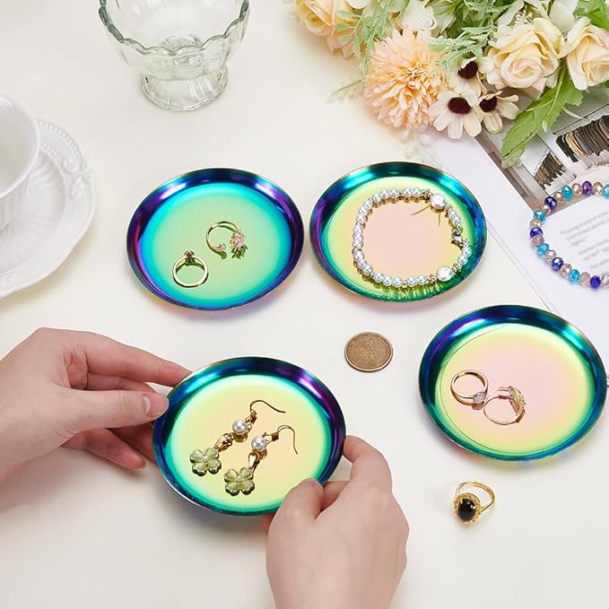 4 Pack 3.9 Inch Rainbow Serving Plate Round Metal Food Trays Small 410 Stainless Steel Seasoning Soy Sauce Storage Dishes Tools for Kitchen Cooking Sushi Dipping Appetizer Plates Jewelry