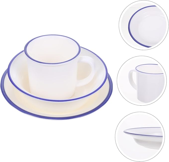 Cabilock Retro Enamelware Tableware Service White Sturdy Household Soup Bowls Plates Cups Creative Kitchen Dinnerware for Rice Soup Salad