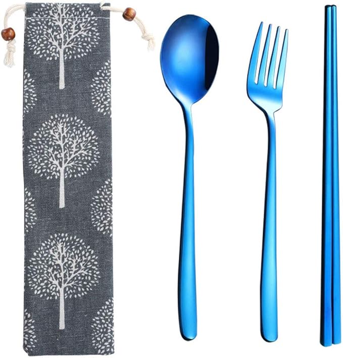 3pcs/6pcs Set Cutlery Dinnerware 304 Stainless Steel Flatware Set Tableware Dinner Spoon Fork Chopsticks Sucker Flatware Serving Sets (Blue - 3pcs)
