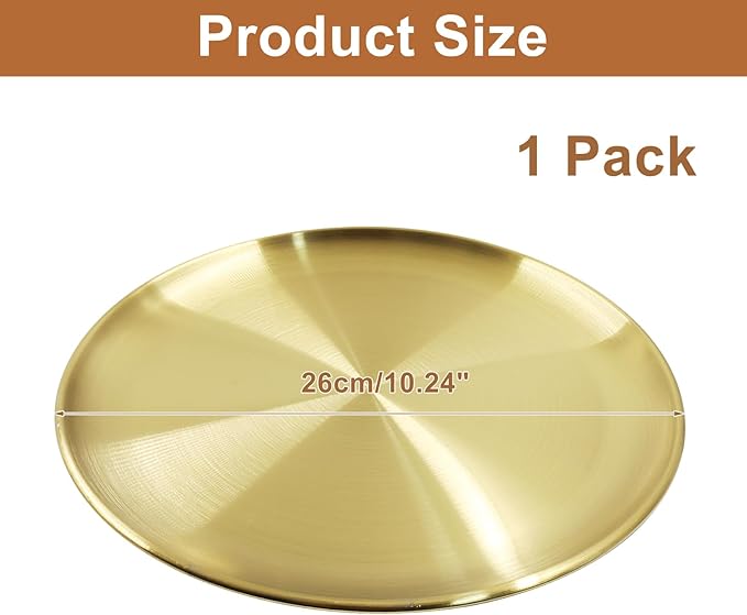 Piutouyar 26 cm / 10.24 Inch Round Serving Tray, Stainless Steel Circular Metal Platter, Decorative Tray Gold Dinner Dishes for Kitchen, Bathroom, Home