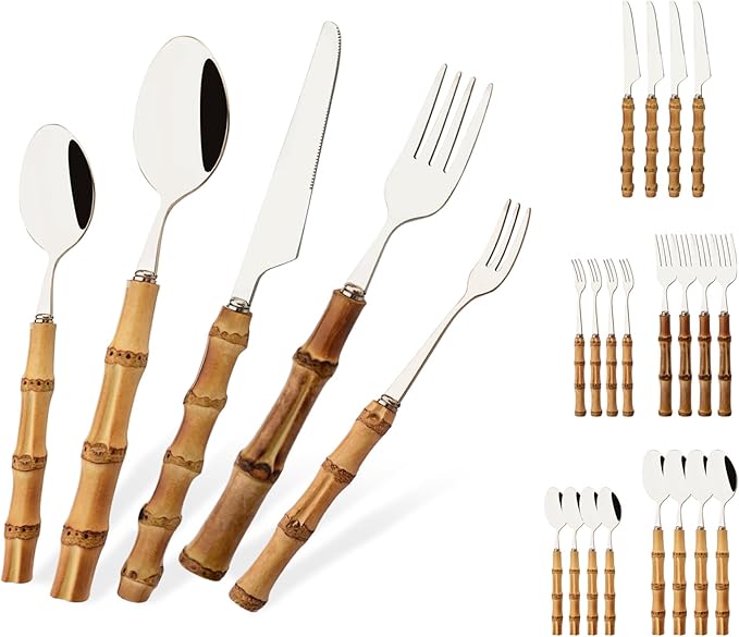 Mirror Polished Silverware Set for 4 - Bamboo Handle Cutlery Set - Stainless Steel Flatware Serving Set for Home Restaurant Wedding and Parties - 20 Pieces Eating Utensils