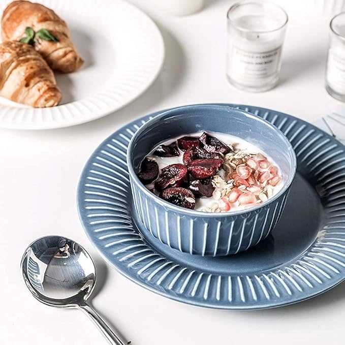 26pcs Dinnerware Sets for 5, Ceramics Dinner Set, Tableware Set in French Style, Blue White Stripe Plates and Bowls Set
