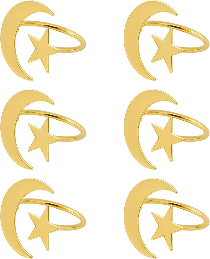 APTWOW Gold Ramadan Bismillah Napkin Rings Set of 6 - Eid Mubarak Napkin Holder, Moon and Star Metal Napkin Rings for Ramadan Banquet Party Dining Table Decoration