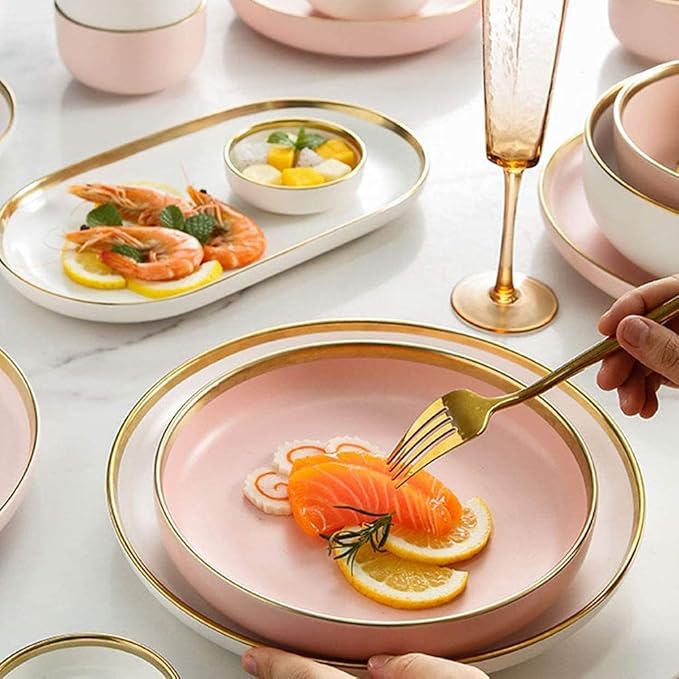 Porcelain Dinnerware Sets Plates and Bowls Sets 30 Pieces Porcelain Dinnerware Set, Nordic Style Tableware Set, Pink and White Dish with Phnom Penh, Dishwasher Safe