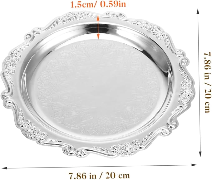 Kichvoe Round Platter Serving Tray Decorative Plate Metal Ottoman Dish Coffee Table Perfume Tray Dessert Plate Jewelry Storage Organizer for Kitchen Bathroom Silver- 7.86Inch