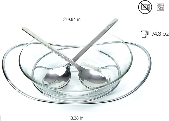 Regent 18/10 CONTEMPO Chromeplated 9.8”inch 25cm Salad Bowl with Stainless Steel Servers, Big Salad Bowls with Perfect for Fruits, Vegetable or Salads