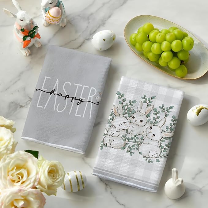 Artoid Mode Grey Bunny Rabbit Eucalyptus Easter Kitchen Towels Dish Towels, 18x26 Inch Seasonal Spring Decoration Hand Towels Set of 4