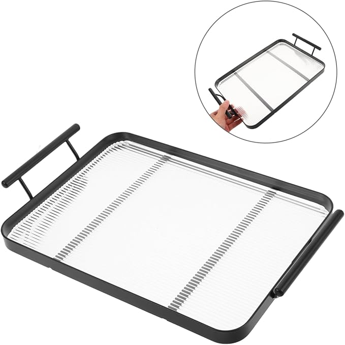 Cabilock Rectangular Serving Tray Acrylic Tea Drink Plate Handles Kitchen Table Decor Elegant Stripe Pattern Home Restaurant Use