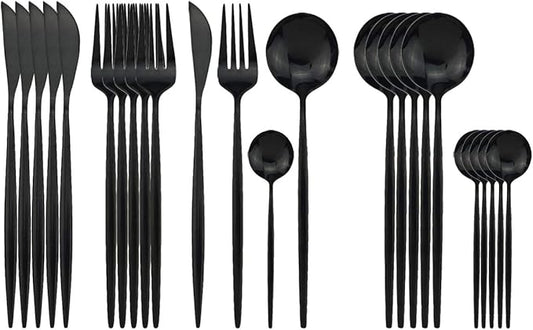 Black Silverware Set, 24-Piece Stainless Steel Flatware Set Service For 6, Mirror Polished Tableware Cutlery Set Knife Fork And Spoon For Home & Restaurant, Dishwasher Safe