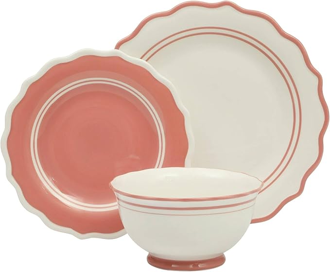 12-Piece Ceramic Dinnerware Set – 4 Dinner Plates, 4 Salad Plates, 4 Bowls, Purple and White Modern Tableware, Dishwasher & Microwave Safe (Coral)