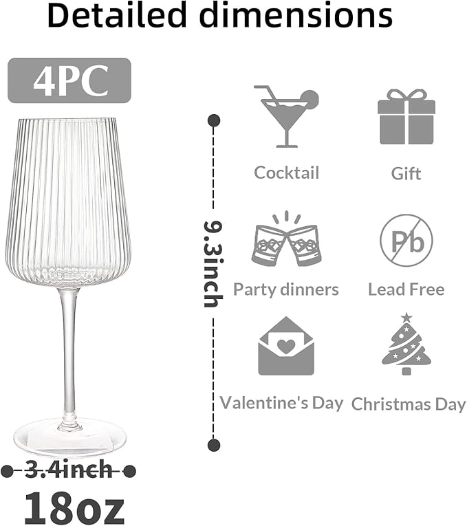 Hand Blown Ribbed Wine Glasses with stem, Clear, Lead-Free Crystal Glasses, Luxury Gift, Set of 4, Unique, 18oz Premium Wine Goblet, Large capacity, Fluted Design