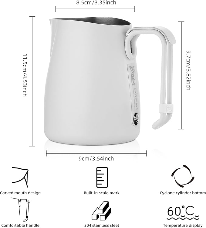 Bincoo Espresso Milk Frothing Pitcher Stainless Steel 20oz/600ML Coffee Milk Frother Cup-Milk Frothing Pitcher with Measurement Lines,Ergonomic Handle for Latte Art & Cappuccino(White)