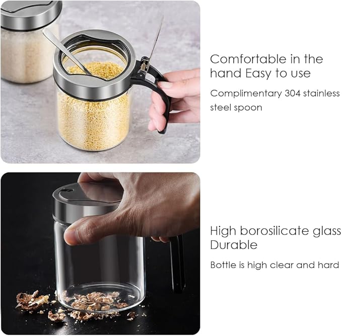 TINMIX Revolving Condiment Pots Sugar Bowl Salt & Pepper Cellar with Lid and Spoon, Set of 4 Seasoning Box Spice Jar with 360 Rotating Tray for Kitchen, 3 Pots+1 Oil Dispenser
