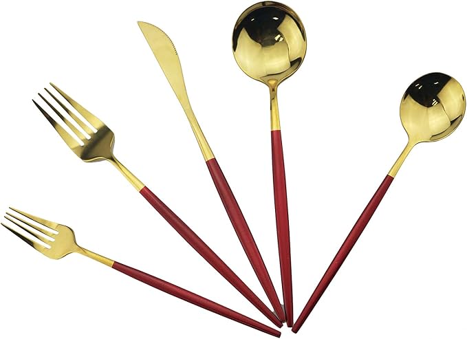 Gugrida Silverware Set, Elegant Life 24-Piece Stainless Steel Flatware Set Service for 4, Include Fork Spoon Knife, Tableware Cutlery Set for Home and Restaurant, Safe in Dishwasher（Red/Gold）