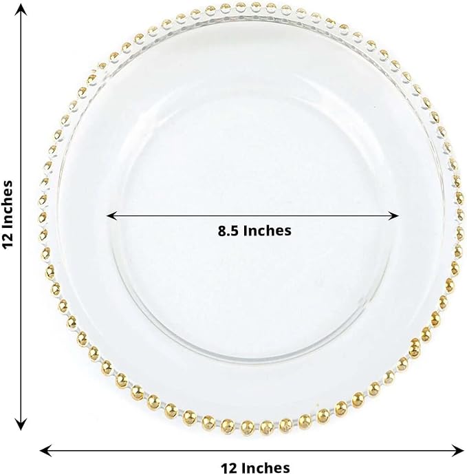 Efavormart 8 Pack | 12" Gold Beaded Round Glass Charger Plates, Event Tabletop Decor