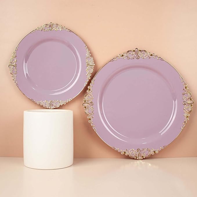 8" Salad Plates -Set of 10 - Plastic Lavender Lilac Round Baroque Disposable Chargers Leaf Embossed Rim, Ideal for Dinner Party Wedding Bulk Events