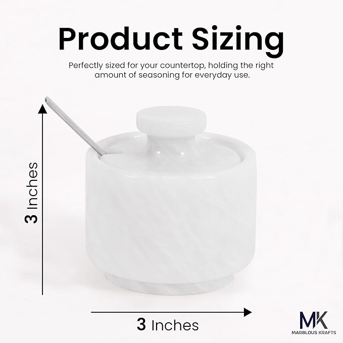 MARBLOUS KRAFTS Marble Salt Cellar with Lid & Spoon 3' White Small Flaky Salt Container, Seasoning Jar, Spice Storage Countertop, Ideal For Salt Box, Sugar Jar Kitchen Décor
