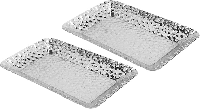 2PCS Stainless Steel Towel Tray, Rectangular Serving Tray, Decorative Vanity Platter for Bathroom Kitchen Counter Storage Organizer, Silver