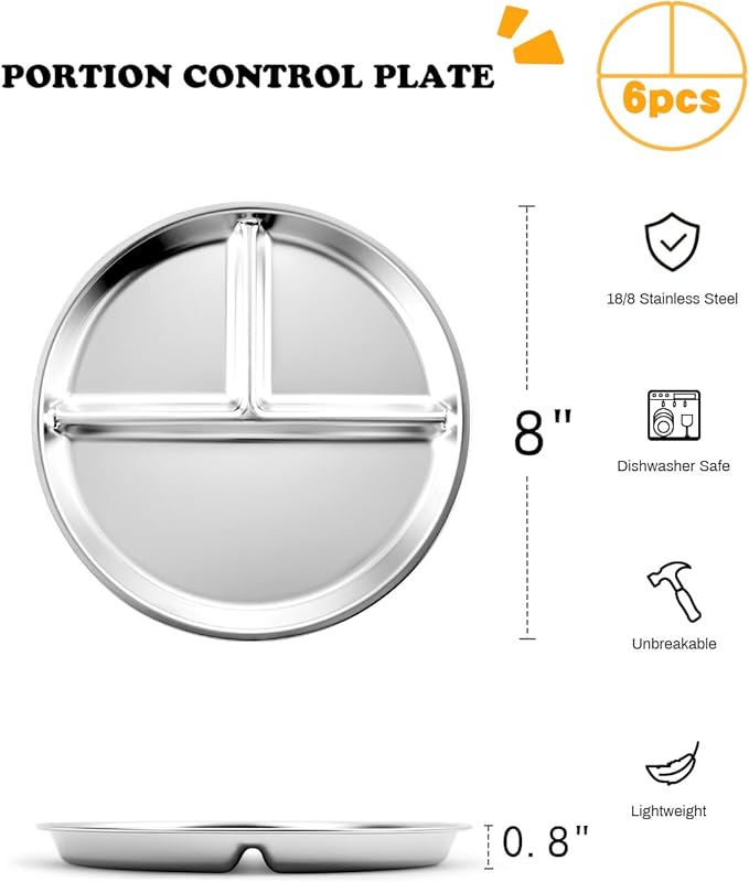 Stainless Steel Kids Plates 6 Packs, 8" Divided Toddlers Portion Control Plate, Non Toxic & BPA Free |Unbreakable |Dishwasher Safe Baby Snack Dish for Daycare, Restaurant Outings & Travel