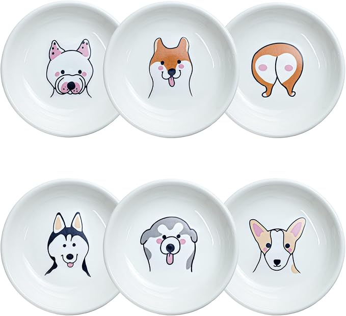 Funny Dogs Head and Butt Pattern Ceramic Sauce Dishes, Seasoning Dishes, Sushi Soy Dipping Bowls, Appetizer Plates, Dessert Plates, Little Cat Bird Feeding Bowls, Set of 6-Dogs-3.5 Inch