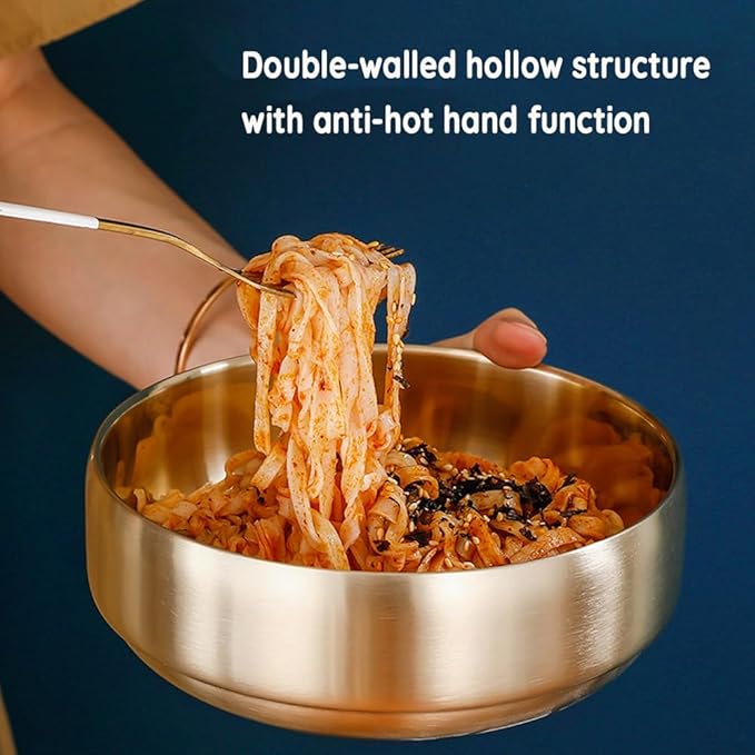SANQIAHOME 47oz/8.3" Quality Stainless Steel Salad Bowl 2pcs/set – Double-walled Anti-scald, Dishwasher Safe, Large Serving Bowl for Family & Parties Golden, large-capacity soup bowl
