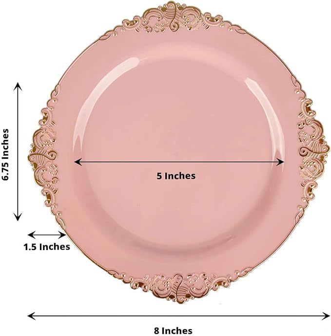 8" Salad Plates -Set of 10 - Plastic Rose Gold Round Baroque Disposable Chargers Leaf Embossed Rim, Ideal for Dinner Party Wedding Bulk Events