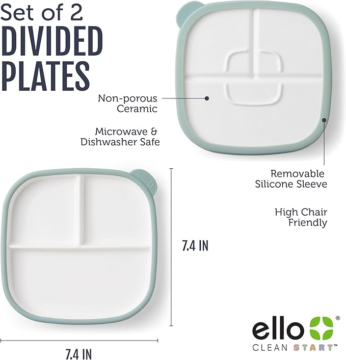 Ello Clean Start Toddler Breakfast Plate 2 Pack | BPA-Free Ceramic Plates with Divider & Silicone Sleeve for Babies/Toddlers| Microwave & Dishwasher Safe | High Chair Friendly | Dewdrop/Sugarplum