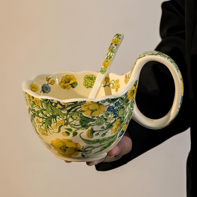 16.91oz/500ml Handpainted Soup Bowl with Handle,Ceramic Cereal Bowl Microwave & Dishwasher Safe,Loop Handle Bowl Great for Soup,Yogurt,Snack,Chip,Stew,Ice Cream,Coffee (Winter Jasmine)