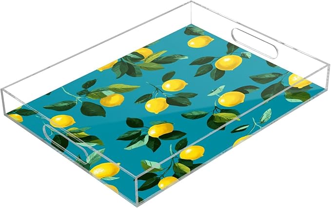 Serving Tray with Handles Clear Acrylic Tray 12x16 Inch Decorative Rectangular Tray Organizer for Ottoman Coffee Table Bathroom Teal Lemons