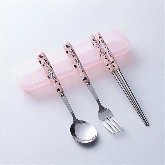 Cute Colorful Silverware Set, Milk Cow Series Ceramic Handle Dinnerware Set Flatware Kitchen Accessories Camping Travel Sets Fork Spoon Chopstick Portable Silverware Set with Case (Color : P