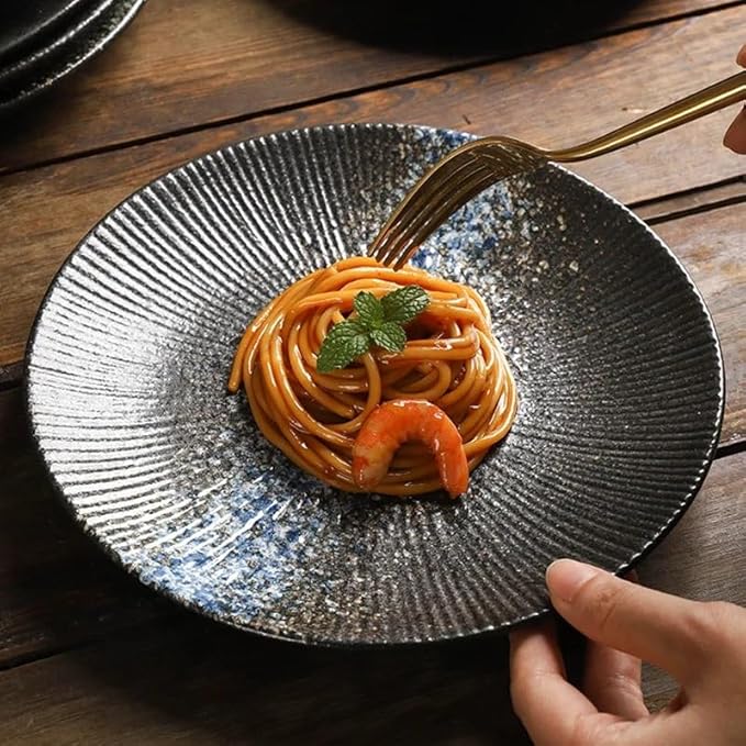 Dessert Plates 1pcs 8/10 Inch Ceramic Plate Simple Round Home Creative Steak Plates Spaghetti Line Flat Dishes Western Restaurant Tableware Dinner Tableware(C,Medium)