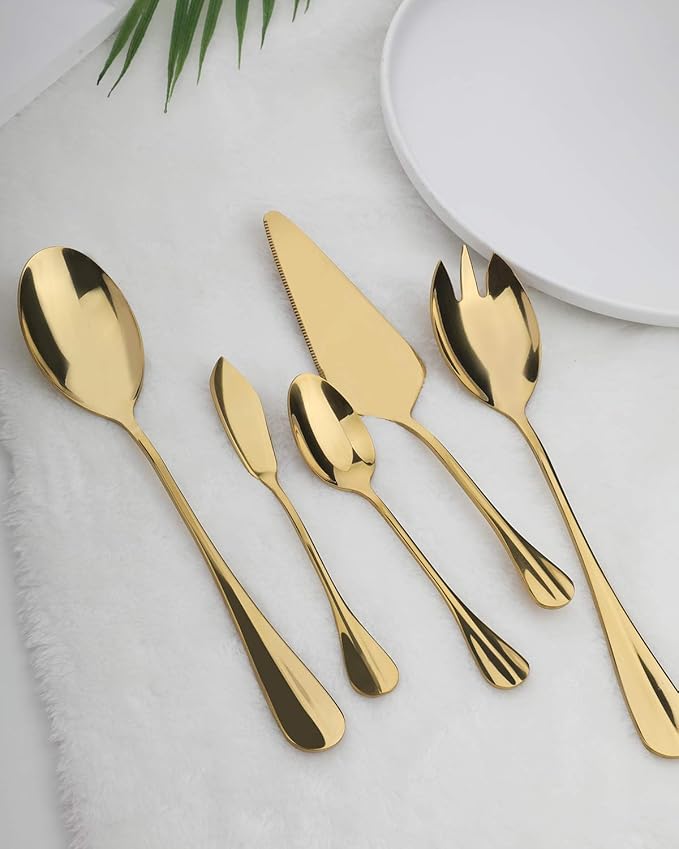 Gold Silverware Flatware Set, HF HOFTEN 45-Piece Stainless Steel Durable Cutlery Serving Set, Service for 8, Modern Elegant Design for Home/Hotel/Restaurant, Mirror Polished & Dishwasher Safe