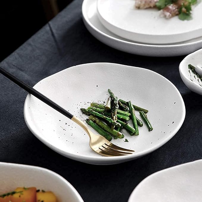 Plates Bowl Ceramic Dinnerware Set, 40 Piece Handmade Irregular Dot White Pottery Tableware Service for 6, Porcelain Dinner Dish