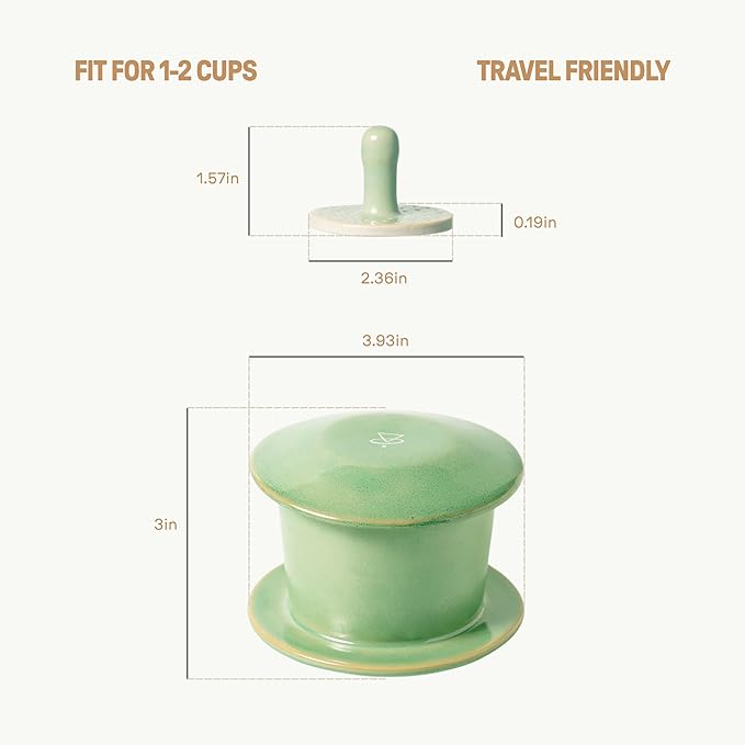 [Holiday Gift] Ceramic Vietnamese Phin Filter by PHINOI, Pour Over Coffee Dripper, 1-3 Cup Coffee Maker with Flower Design, Reusable Coffee Filter for Manual Brewing, Travel Friendly (Celadon Green)