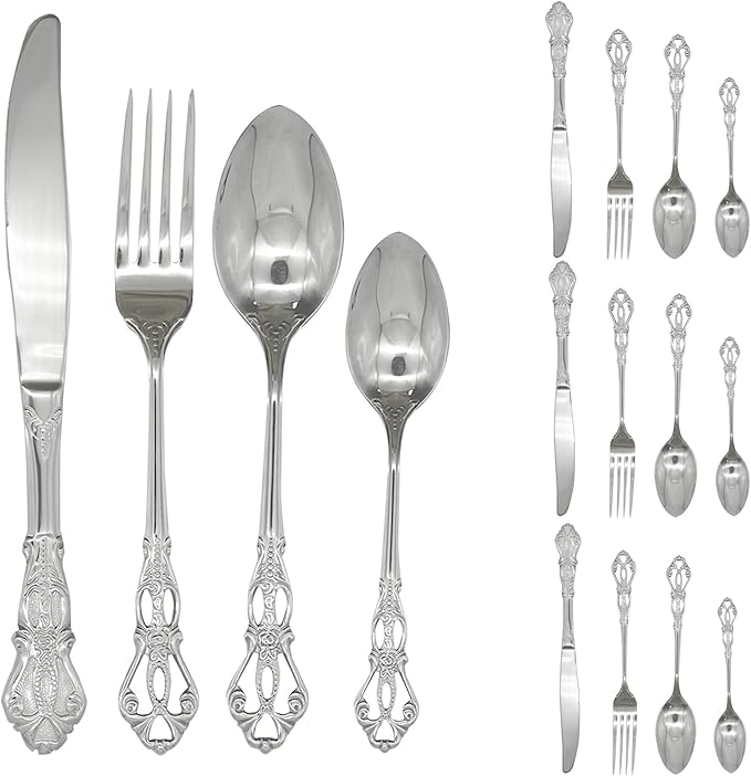 24Pcs Vintage Baroque Silverware Set 18/10(304) Stainless Steel Luxury Antique Western Royal Style Flatware Set include Hollow Relief Handle Spoon Fork Knife, Service for 6