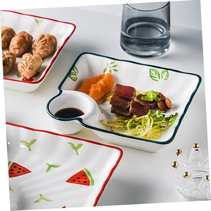 ABOOFAN Japanese Ceramic Divided Dumpling Dish Sauce Holder Hand-Painted Square Plate for Fruits and Dipping Multi-Use Serving Tray for Entertaining and Everyday Meals Random Style