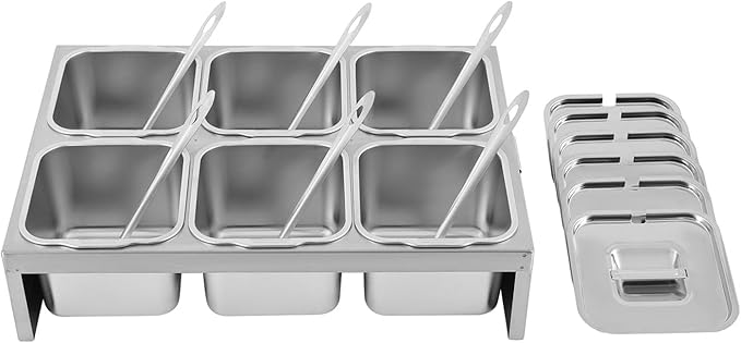6 Pans Ice Food Serving Display Container, Stainless Steel Serving Tray Catering Supplies Buffet Display Condiment Dispenser Plate Case with Acrylic Replaceable Lids for Restaurant Hotel Kitchen