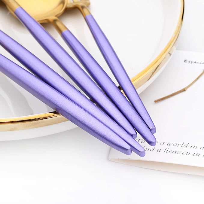 24-piece Snplowum Matte Gold Tableware, 18/10 Stainless Steel Utensils Heavy Serving Set With Purple Handle For Dinner & Dessert Home Restaurant Flatware Set, Service For 4 (Purple Gold)