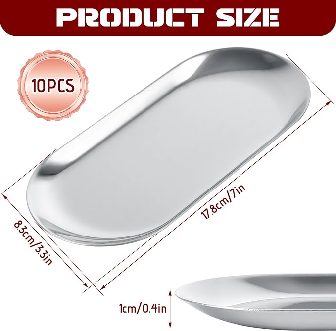 LANIAKEA 10PCS Stainless Steel Decorative Tray 7 Inch Metal Trays Decorative Serving Platter Small Storage Tray for Perfume Trinket Key Candle, Oval, Silver